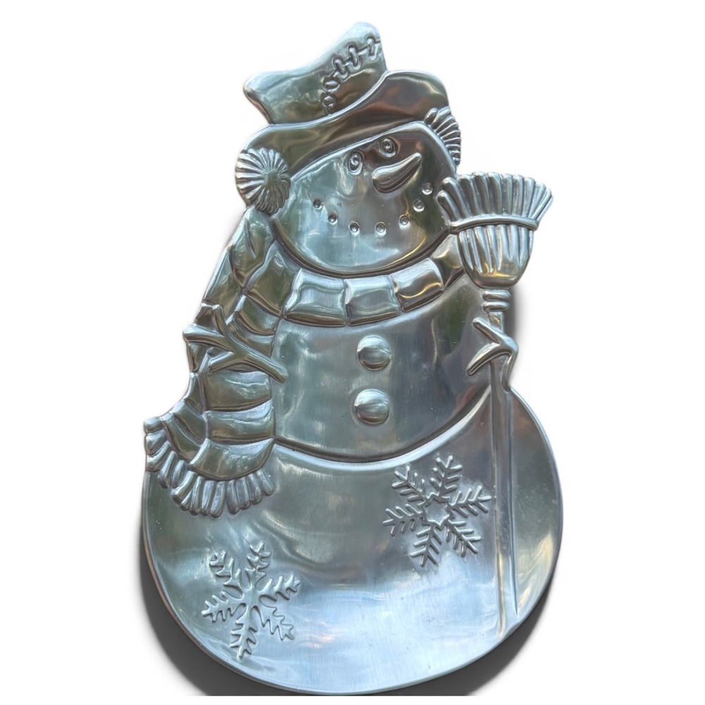 Vintage Metal Snowman Spoon Rest  Cast Aluminum Pewter Finish Holiday Candy Dish